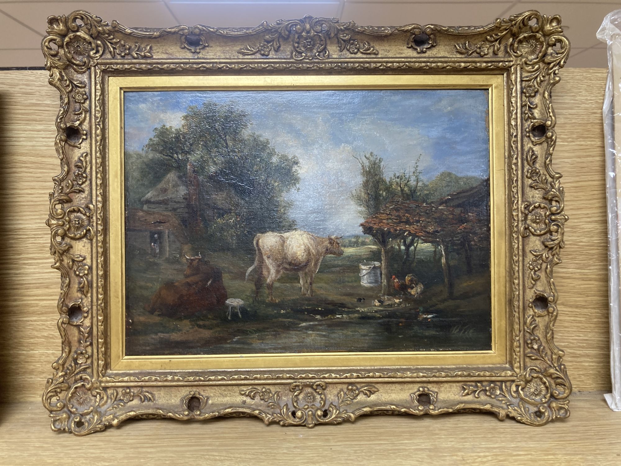 James Burnet (Exh.1783-1817), oil on canvas, Farmyard scene, signed, 25 x 35cm